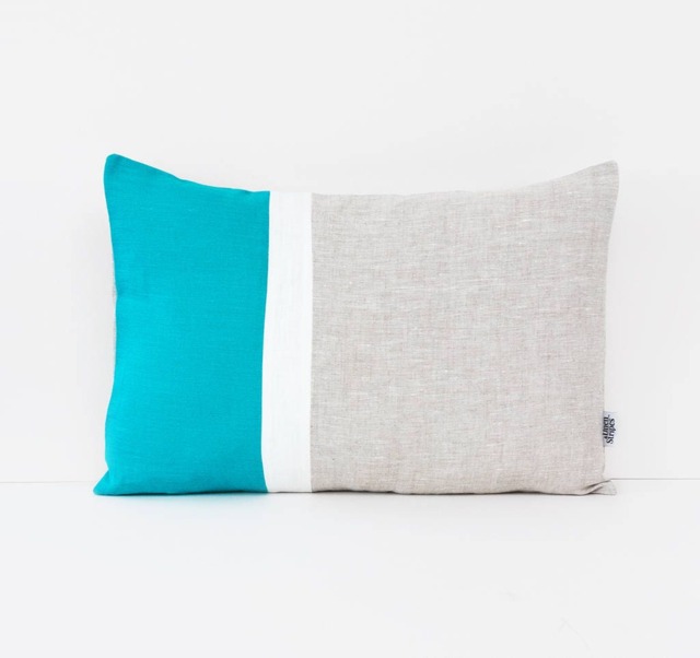 Color Block Pillow Cover in Turquoise/White/Beige. Lumbar Linen Cover. Body Case. Modern Sham. Throw Pillows. Boys Room - image 1