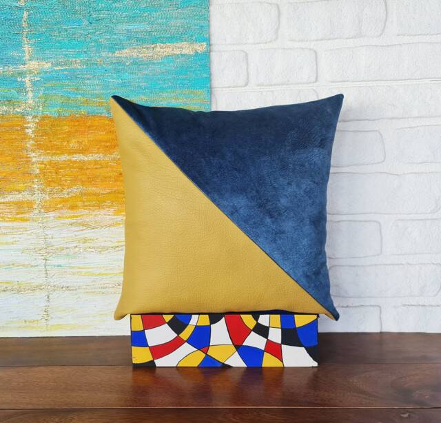 Color Block Velvet Pillow Cover Teal Blue & Faux Leather - 16x16'' - image 1