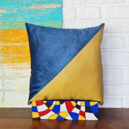 Color Block Velvet Pillow Cover Teal Blue & Faux Leather - 16x16'' - thumbnail 2