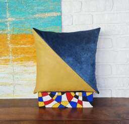 Color Block Velvet Pillow Cover Teal Blue & Faux Leather - 16x16''