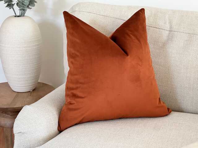 Burnt Orange Velvet Cushion Cover - Warm Earthy Decor Custom Fringe Or Piping Trim All Sizes - image 1
