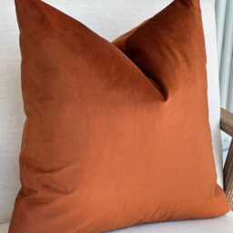 Burnt Orange Velvet Cushion Cover - Warm Earthy Decor Custom Fringe Or Piping Trim All Sizes - thumbnail 2