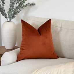 Burnt Orange Velvet Cushion Cover - Warm Earthy Decor Custom Fringe Or Piping Trim All Sizes - thumbnail 3