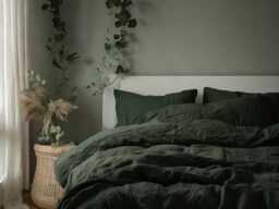 Charcoal Green Linen Bedding Set Rustic Duvet Cover & 2 Pillowcases Soft Medium Weight Bedding, Stonewashed Comfort