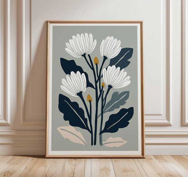 Minimalist Floral Wall Art Print - Modern Botanical Poster With White Flowers Contemporary Nature Home Decor - image 1
