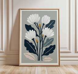 Minimalist Floral Wall Art Print - Modern Botanical Poster With White Flowers Contemporary Nature Home Decor - thumbnail 1
