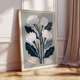 Minimalist Floral Wall Art Print - Modern Botanical Poster With White Flowers Contemporary Nature Home Decor - thumbnail 2