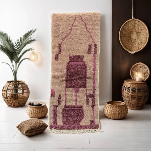 Handmade Wool Runner Rug Pink Moroccan Colorful Design - image 1