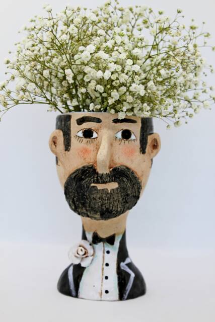 Retro Man Head Planter Pot, Unique Black & White Ceramic Face Vase - image 1