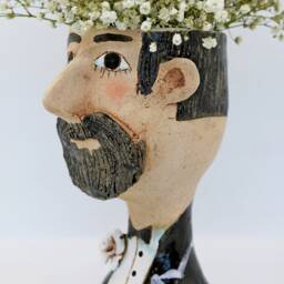 Retro Man Head Planter Pot, Unique Black & White Ceramic Face Vase - thumbnail 3