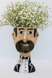 Retro Man Head Planter Pot, Unique Black & White Ceramic Face Vase - thumbnail 1