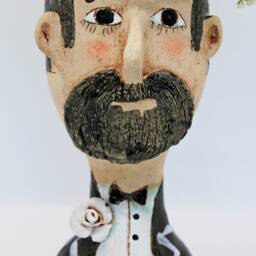Retro Man Head Planter Pot, Unique Black & White Ceramic Face Vase - thumbnail 2