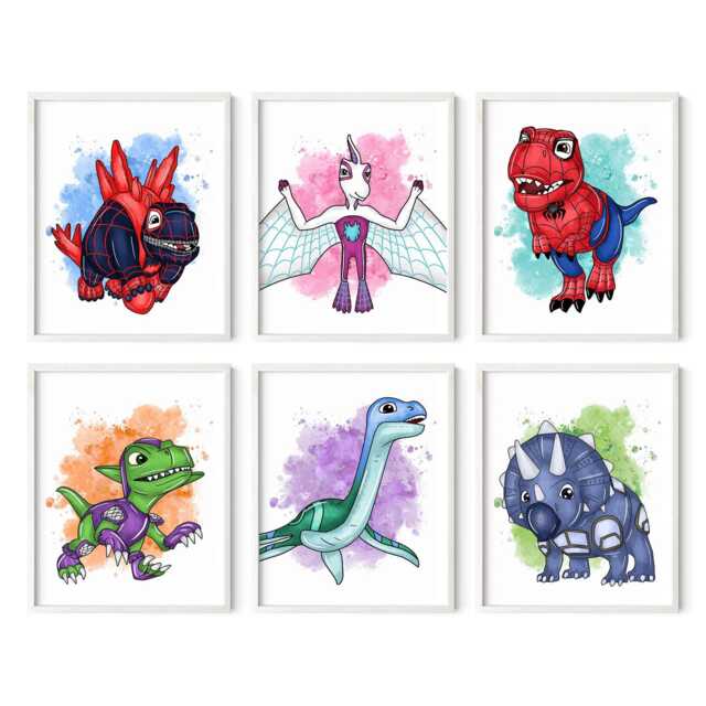 Dinosaur Web Heroes Wall Art Set Of 6 - Kids Room Printed Or Framed - image 1