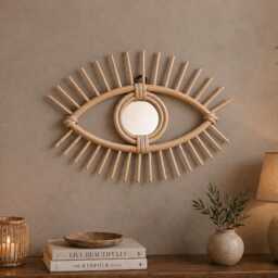 Rattan Eye Mirror Boho Wall Hanging Decor Handmade Moroccan Small - thumbnail 2