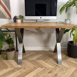 For??t Industrial Rustic X Shape Chunky Metal Steel Leg Desk Table Handcrafted With Solid Wood - thumbnail 2