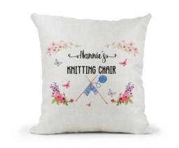 Personalised Cream Canvas Cushion, Nan Nanny Grandma, Knitting, Vintage Design Gift, Mum Birthday Christmas - thumbnail 1