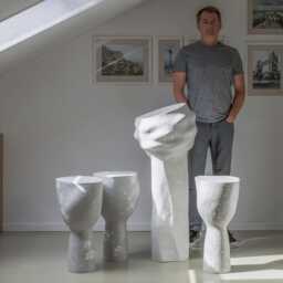 Concrete Pedestal Side Table, Sculptural Brutalist Accent Handmade Modern Minimalist Furniture - thumbnail 4