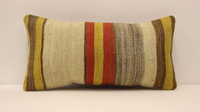 Vintage Turkish Kilim Pillow Cover, Wool Lumbar Cushion - 10x20 - image 1