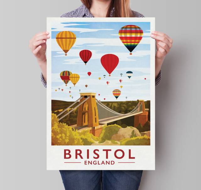 Bristol Print - Travel Poster Featuring Clifton Bridge & Hot Air Balloons Balloon Fiesta - image 1