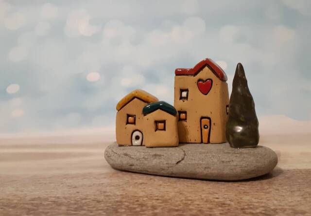 Small Ceramic Houses Sculpture & A Centerpiece Made Of Clay Natural Stone, One Kind Israeli Hand Art - image 1