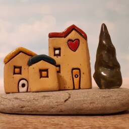 Small Ceramic Houses Sculpture & A Centerpiece Made Of Clay Natural Stone, One Kind Israeli Hand Art - thumbnail 2