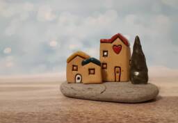 Small Ceramic Houses Sculpture & A Centerpiece Made Of Clay Natural Stone, One Kind Israeli Hand Art - thumbnail 1