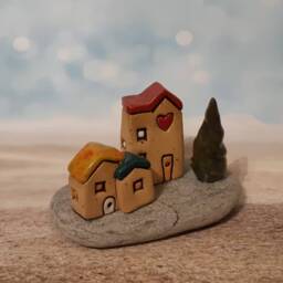 Small Ceramic Houses Sculpture & A Centerpiece Made Of Clay Natural Stone, One Kind Israeli Hand Art - thumbnail 3