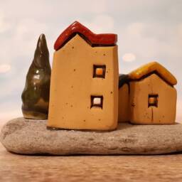 Small Ceramic Houses Sculpture & A Centerpiece Made Of Clay Natural Stone, One Kind Israeli Hand Art - thumbnail 4