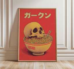 Japanese Ramen Skull Poster, Retro Pop Art Print, Surreal Food Illustration, Bold Modern Wall Art, Urban Graphic Home Decor - thumbnail 1