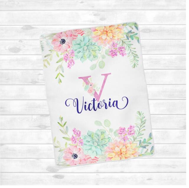 Personalized Pink Baby Blanket in Fleece, Minky. Custom Floral Succulent Personalised Girl Swaddle Receiving Blanky Newborn Gift - image 1