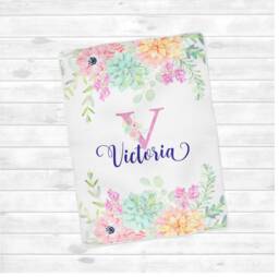 Personalized Pink Baby Blanket in Fleece, Minky. Custom Floral Succulent Personalised Girl Swaddle Receiving Blanky Newborn Gift - thumbnail 1
