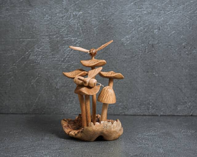 Handcrafted Wooden Bees On Mushroom Sculpture 5 - image 1