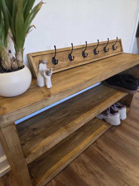 Handmade Rustic Wooden Coat Rack With Black Metal Hooks - Entryway Wall Storage - image 1