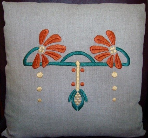 Hand Embroidered Pillow, Arts & Crafts, Craftsman Style, Cone Flower Motif - image 1