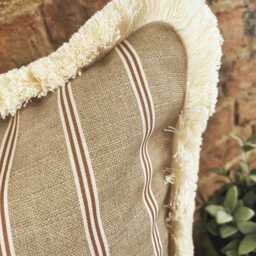 Handmade Bespoke Cushion Ticking Stripe Neutral Beige Burnt Orange & Brushed Fringe - thumbnail 2
