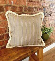 Handmade Bespoke Cushion Ticking Stripe Neutral Beige Burnt Orange & Brushed Fringe