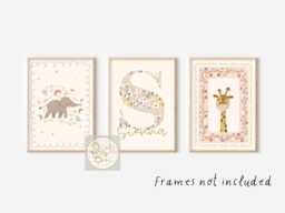 Set Of 3 Pretty Safari Animal Prints With A Pink, Peach & Cream Colour Scheme Perfect For Nursery, Bedroom Or Playroom - Prints Only - thumbnail 1