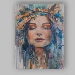 Bohemian Woman Portrait Watercolour Feather Headdress Canvas Wall Art Print Decor Picture Ready To Hang - thumbnail 1