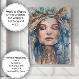 Bohemian Woman Portrait Watercolour Feather Headdress Canvas Wall Art Print Decor Picture Ready To Hang - thumbnail 3