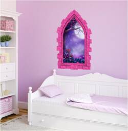 Foggy Purple Moonlight Castle Window 3D Wall Sticker Night Sky Moon Medieval Portal Girl Playroom Kids Bedroom Decor - thumbnail 1