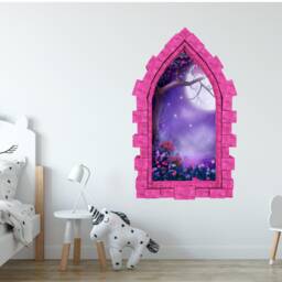 Foggy Purple Moonlight Castle Window 3D Wall Sticker Night Sky Moon Medieval Portal Girl Playroom Kids Bedroom Decor - thumbnail 3