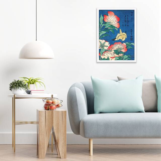 Japanese Art Print Poster Woodblock Ukiyo-E Framed Mounted Wall Hokusai Flower Floral Peonies Canary Bird Tattoo Beautiful Calligraphy A2 - image 1