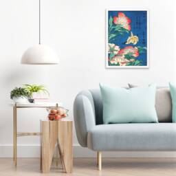 Japanese Art Print Poster Woodblock Ukiyo-E Framed Mounted Wall Hokusai Flower Floral Peonies Canary Bird Tattoo Beautiful Calligraphy A2 - thumbnail 1