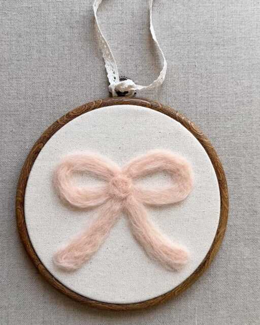 Needle Felt Bow Wall Art - Pink Hoop For Nursery Handmade Baby Girl Room Decor Soft Embroidery Gift - image 1