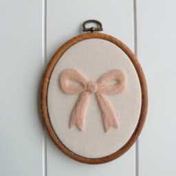 Needle Felt Bow Wall Art - Pink Hoop For Nursery Handmade Baby Girl Room Decor Soft Embroidery Gift - thumbnail 4