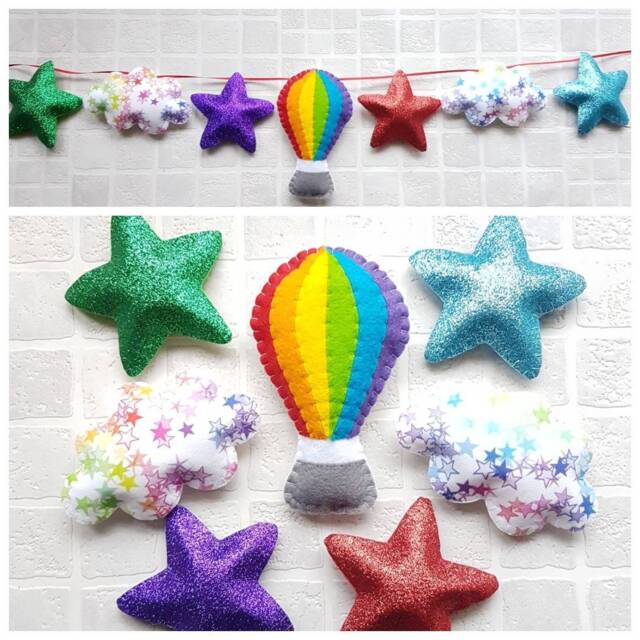 Hot Air Balloon Felt Garland. Rainbow Hot With Glitter Stars & Star Print Clouds. Wall Hanging. Nursery Decor. Nursery - image 1