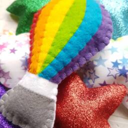 Hot Air Balloon Felt Garland. Rainbow Hot With Glitter Stars & Star Print Clouds. Wall Hanging. Nursery Decor. Nursery - thumbnail 4