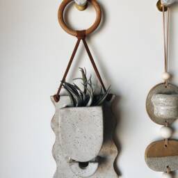 Wavy Ceramic Wall Planter With Drainage Hole & Built-In Drip Catcher - Handmade White Speckled Indoor Hanging Plant Pot Unique Decor - thumbnail 2