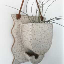Wavy Ceramic Wall Planter With Drainage Hole & Built-In Drip Catcher - Handmade White Speckled Indoor Hanging Plant Pot Unique Decor - thumbnail 3