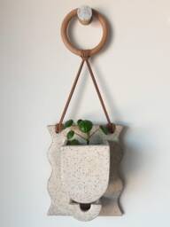Wavy Ceramic Wall Planter With Drainage Hole & Built-In Drip Catcher - Handmade White Speckled Indoor Hanging Plant Pot Unique Decor